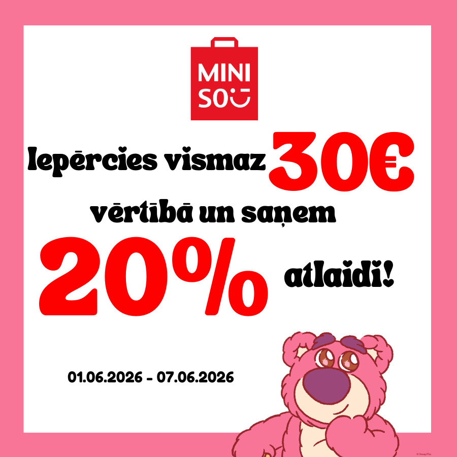 Iepērcies vismaz 30€ vērtībā un saņem 20% atlaidi!